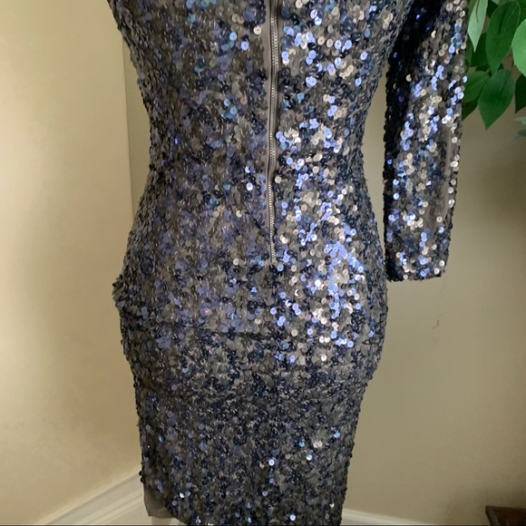 Alice + Olivia Nicky Sequin One-Shoulder Asymmetrical Dress Gray Sz 0 - Picture 11 of 16